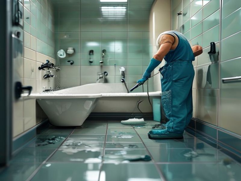Limpiadora tallando azulejos y lechada en un baño
