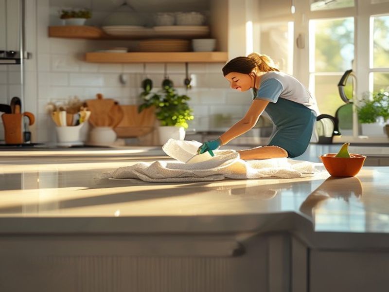Limpiadora profesional limpiando el mostrador de una cocina