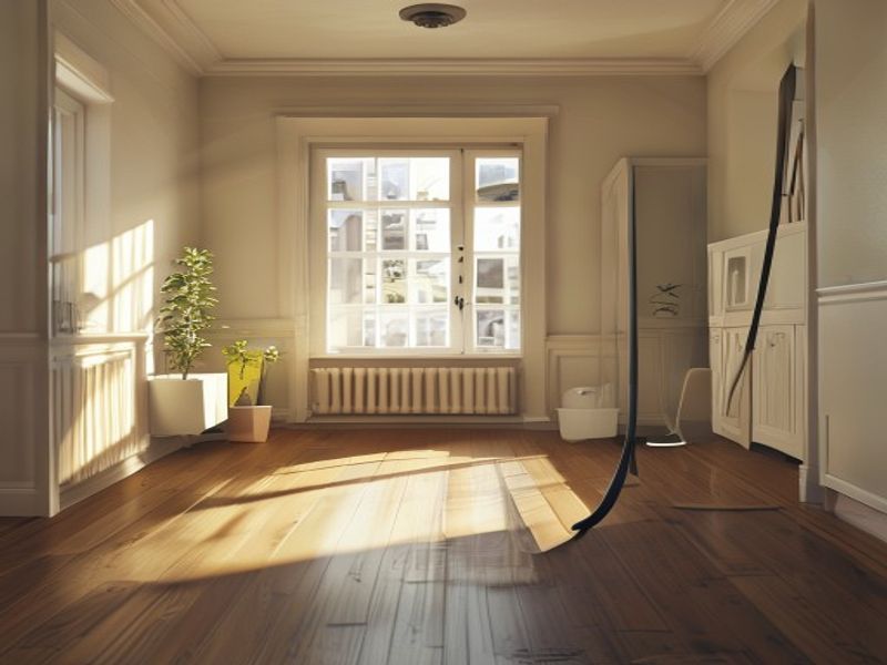 Apartamento vacío y limpio con cubeta y trapeador